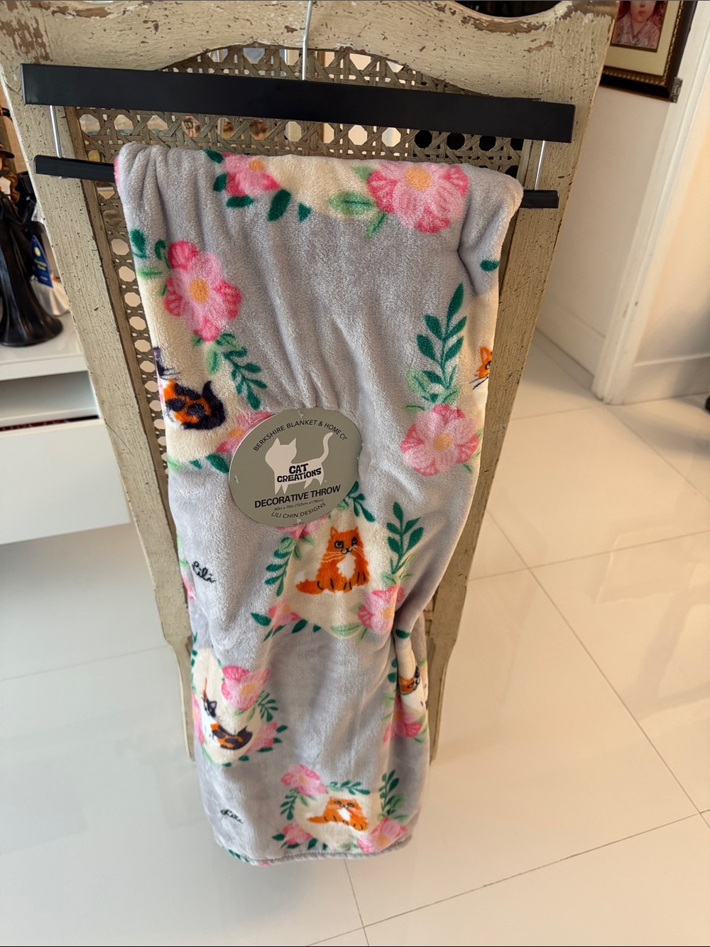 Berkshire Gray/ Pink/Green Floral & Orange Cat Motifs Plush Throw Blanket